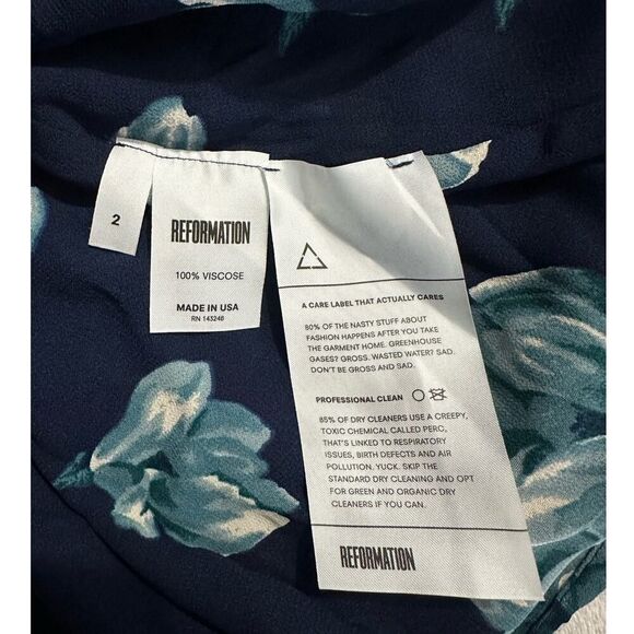 Reformation Faith Mini Dress Women's 2 Blue Floral Short Sleeves A-Line Tie Neck - Picture 5 of 8